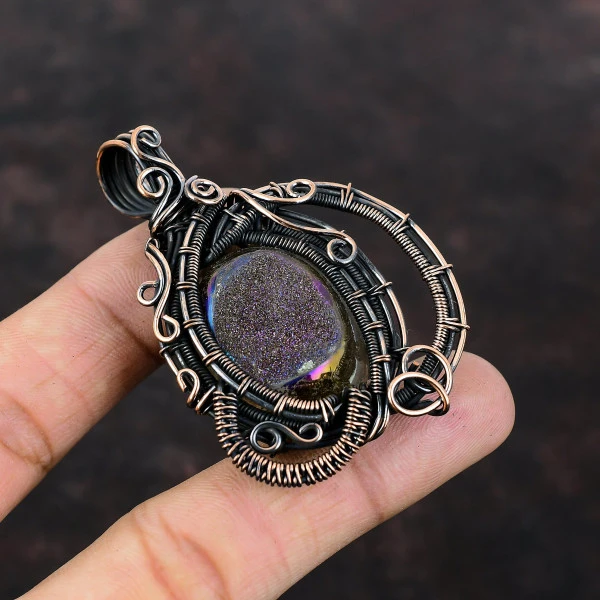 Titanium Druzy Oval Yellow Handmade Copper Wire Wrapped Pendant