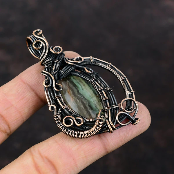 Multi Fluorite Oval Green Handmade Copper Wire Wrapped Pendant