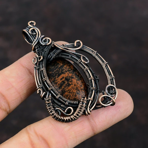 Mahogany Obsidian Oval Brown Handmade Copper Wire Wrapped Pendant
