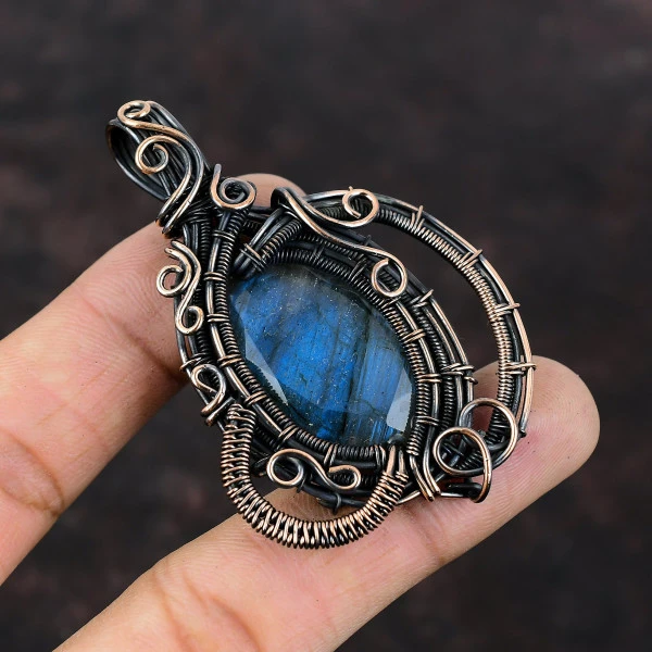 Labradorite Oval Blue Handmade Copper Wire Wrapped Pendant