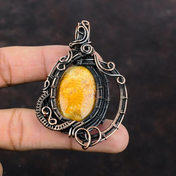 Fossil Coral Oval Yellow Handmade Copper Wire Wrapped Pendant