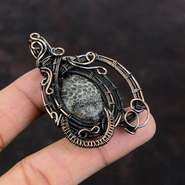 Stingray Coral Oval Gray Handmade Copper Wire Wrapped Pendant