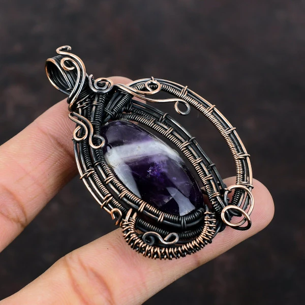Chevron Amethyst Oval Purple Handmade Copper Wire Wrapped Pendant