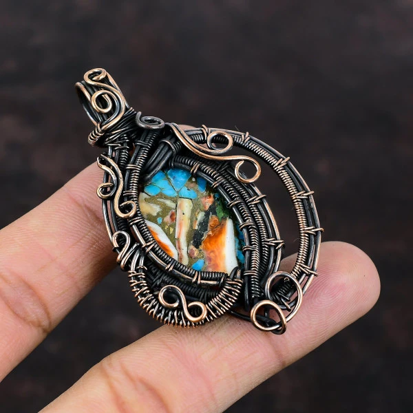 Spiny Oyster Copper Turquoise Oval Orange Handmade Copper Wire Wrapped Pendant
