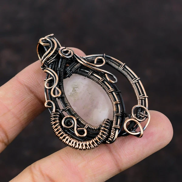 Rose Quartz Oval Pink Handmade Copper Wire Wrapped Pendant