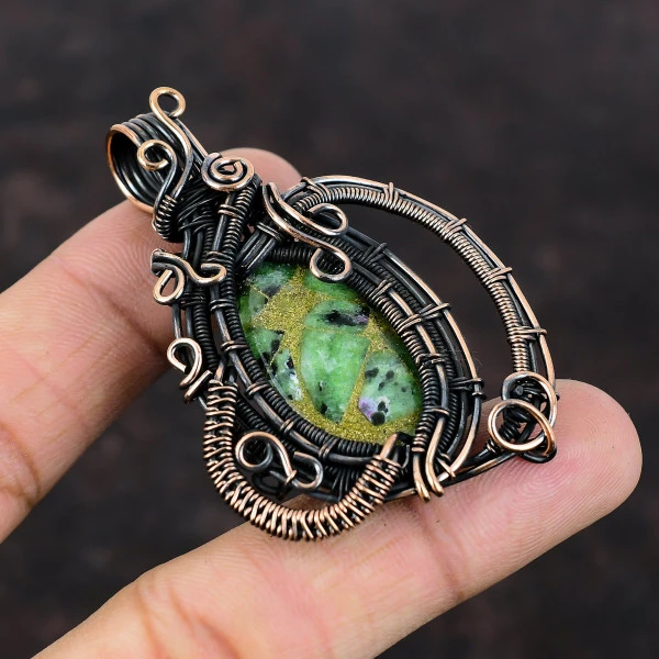 Copper Ruby Zoisite Oval Green Handmade Copper Wire Wrapped Pendant