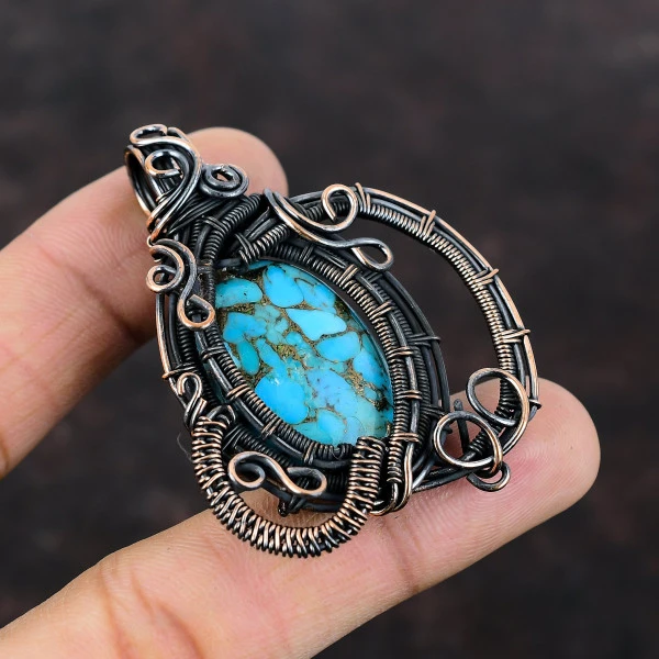 Copper Blue Turquoise Oval Blue Handmade Copper Wire Wrapped Pendant
