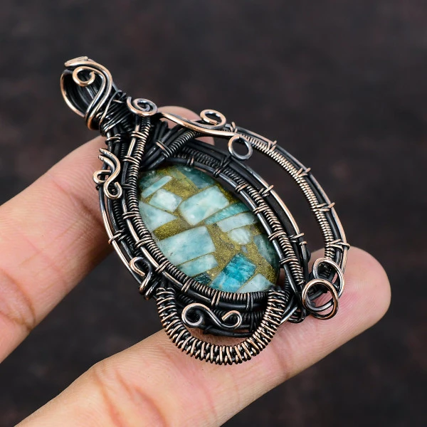 Copper Amazonite Oval Green Handmade Copper Wire Wrapped Pendant