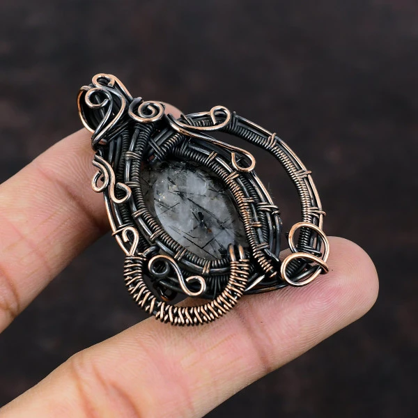 Black Rutile Oval Black Handmade Copper Wire Wrapped Pendant