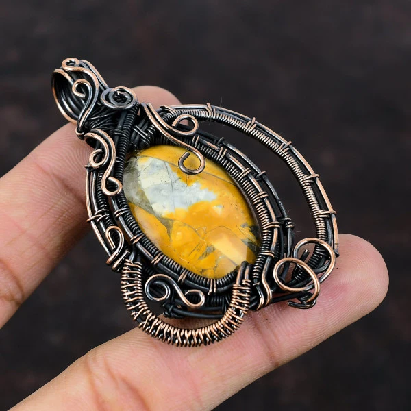 Maligano Jasper Oval Yellow Handmade Copper Wire Wrapped Pendant