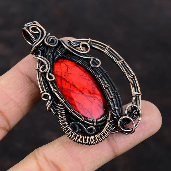 Red Fire Labradorite Oval Red Handmade Copper Wire Wrapped Pendant