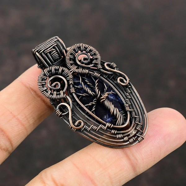 Sodalite Oval Blue Handmade Copper Wire Wrapped Pendant