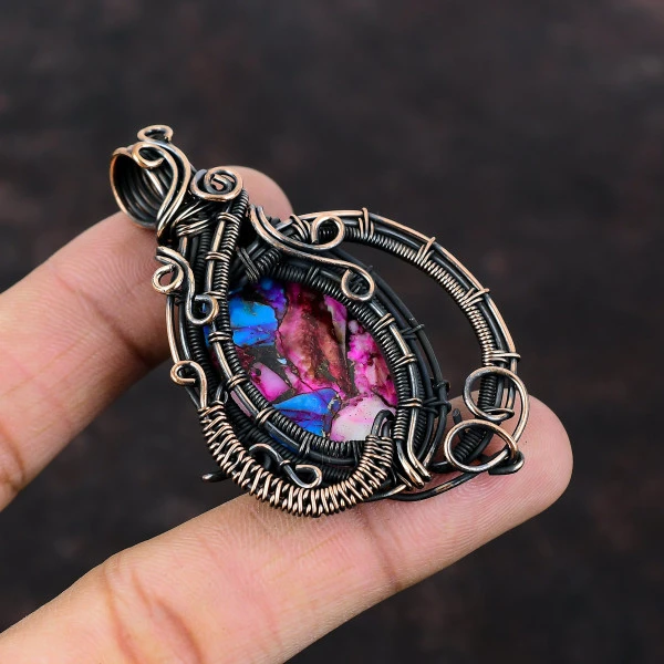 Natural Kingman Pink Dahlia Turquoise Oval Pink Handmade Copper Wire Wrapped Pendant