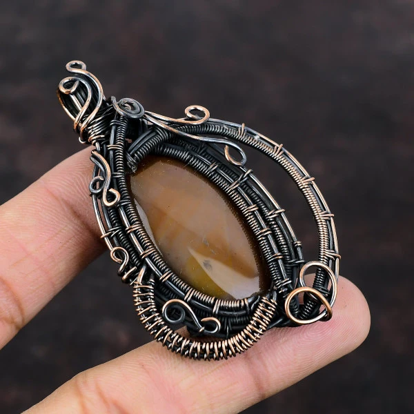 Mookaite Oval Brown Handmade Copper Wire Wrapped Pendant