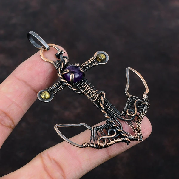 Star Amethyst Round Purple Handmade Copper Wire Wrapped Pendant