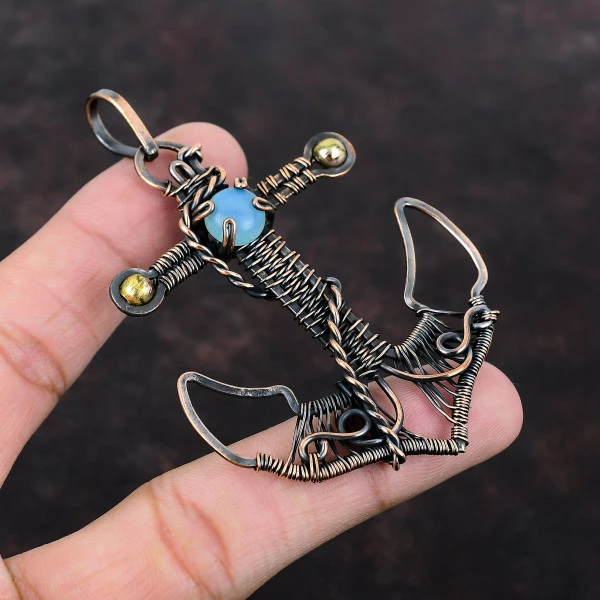 Blue Chalcedony Round Blue Handmade Copper Wire Wrapped Pendant