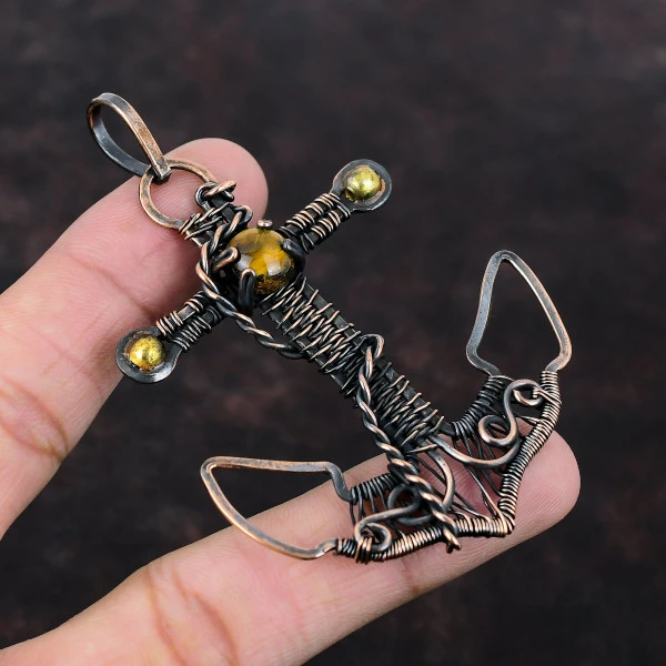 Tiger's Eye Round Brown Handmade Copper Wire Wrapped Pendant