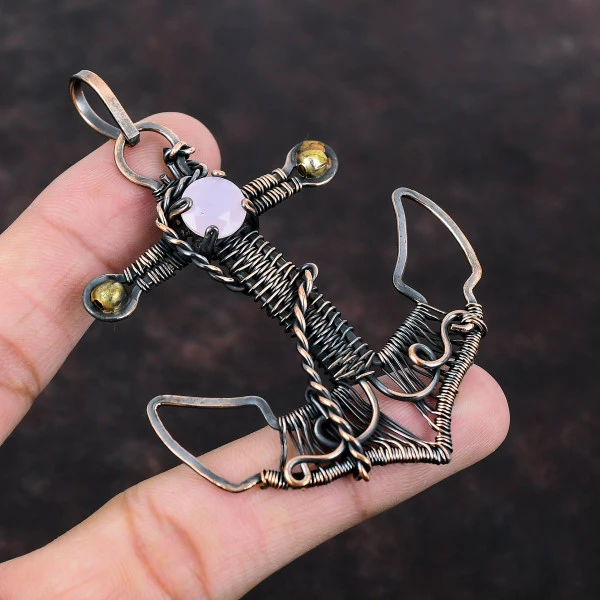Pink Chalcedony Round Pink Handmade Copper Wire Wrapped Pendant