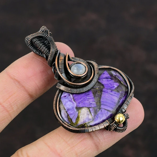 Copper Charoite Oval Purple Handmade Copper Wire Wrapped Pendant