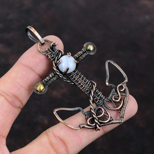 Blue Lace Agate Round Blue Handmade Copper Wire Wrapped Pendant