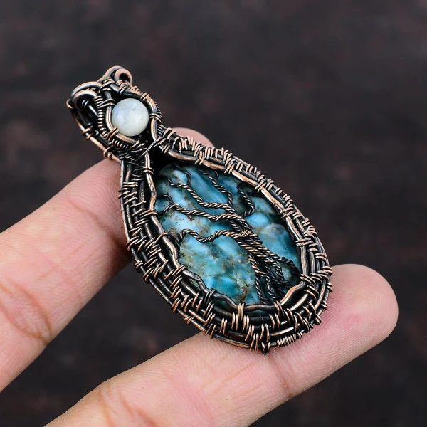 Neon Apatite Oval Blue Handmade Copper Wire Wrapped Pendant