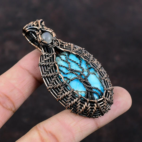 Tibetan Turquoise Oval Blue Handmade Copper Wire Wrapped Pendant