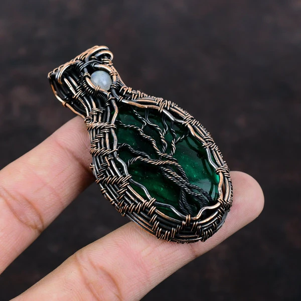 Green Fire Labradorite Oval Green Handmade Copper Wire Wrapped Pendant