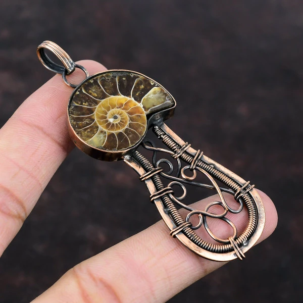 Ammonite Fossil Pear Brown Handmade Copper Wire Wrapped Pendant