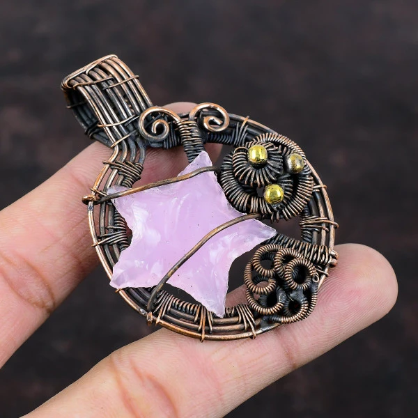 Pink Chalcedony Pentagon Pink Handmade Copper Wire Wrapped Pendant