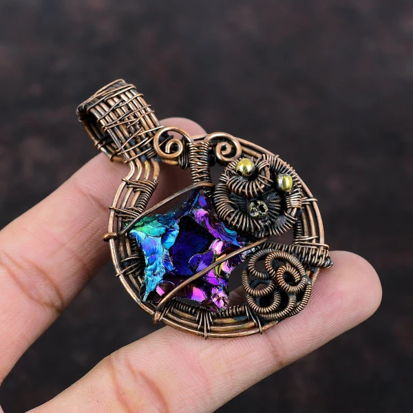 Titanium Druzy Pentagon Blue Handmade Copper Wire Wrapped Pendant