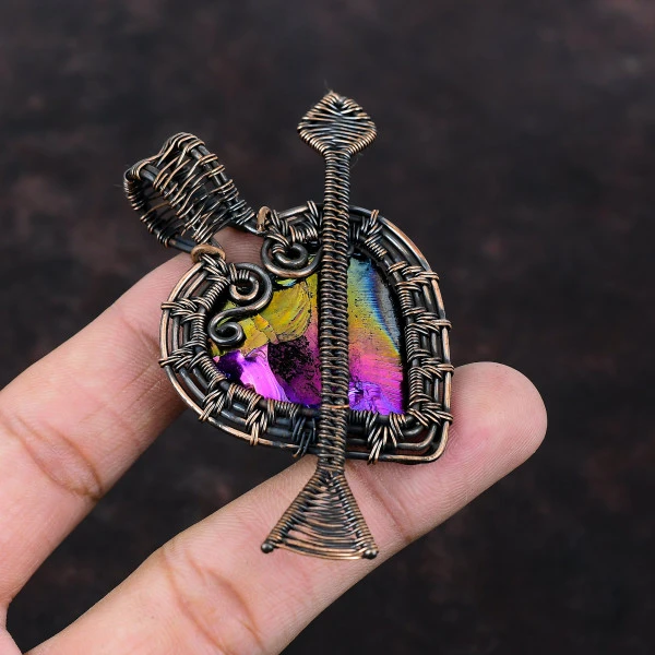 Titanium Druzy Heart Pink Handmade Copper Wire Wrapped Pendant