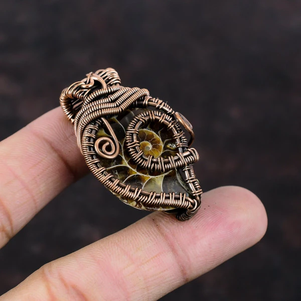 Ammonite Fossil Pear Brown Handmade Copper Wire Wrapped Pendant