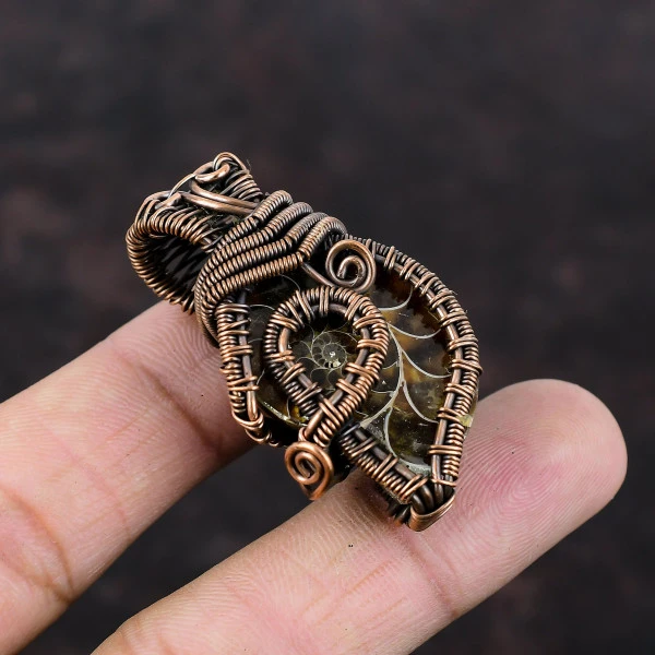 Ammonite Fossil Pear Brown Handmade Copper Wire Wrapped Pendant