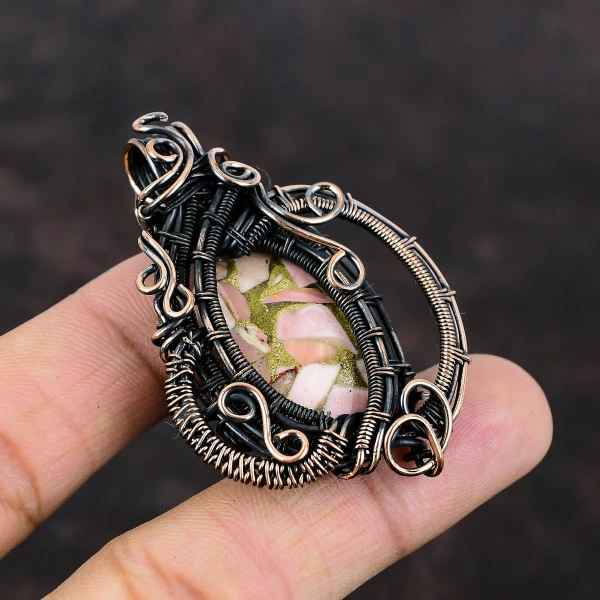 Copper Pink Opal Oval Pink Handmade Copper Wire Wrapped Pendant