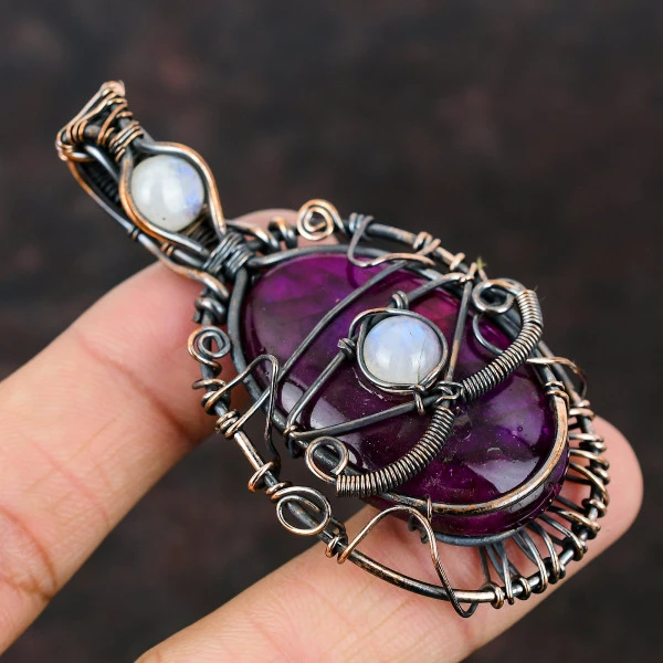 Pink Fire Labradorite Oval Pink Handmade Copper Wire Wrapped Pendant