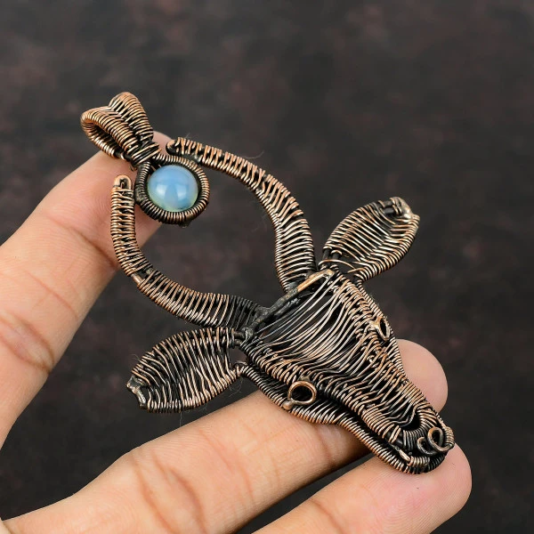 Aquamarine Round Blue Handmade Copper Wire Wrapped Pendant