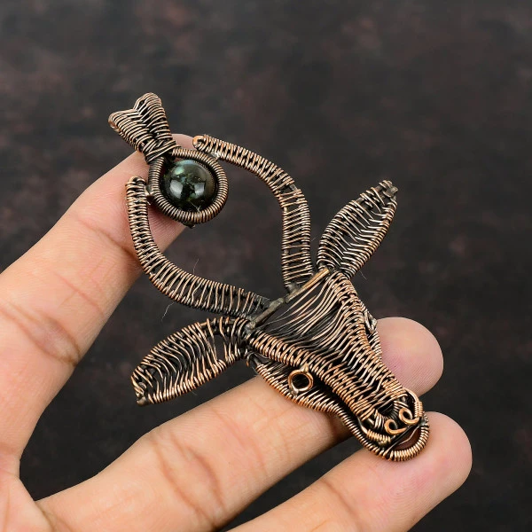 Labradorite Round Gray Handmade Copper Wire Wrapped Pendant