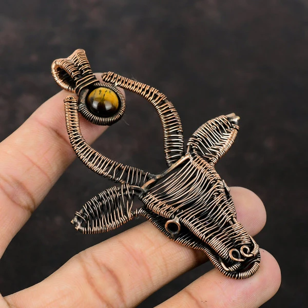 Tiger's Eye Round Brown Handmade Copper Wire Wrapped Pendant
