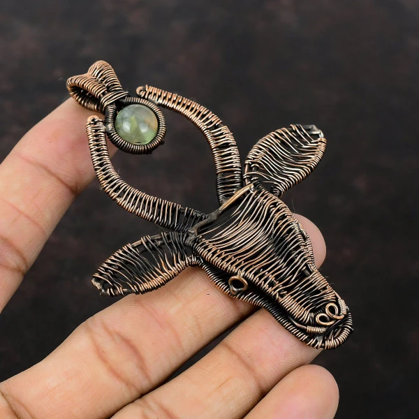 Prehnite Round Green Handmade Copper Wire Wrapped Pendant