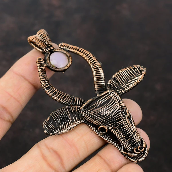 Pink Chalcedony Round Pink Handmade Copper Wire Wrapped Pendant