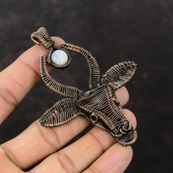 Rainbow Moonstone Round White Handmade Copper Wire Wrapped Pendant