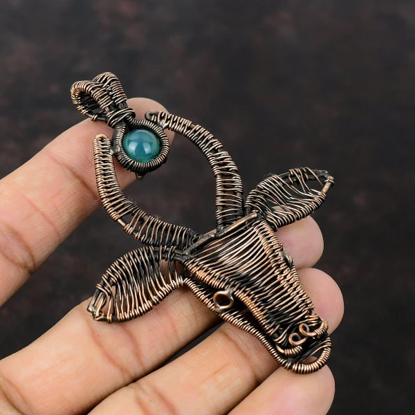 Apatite Round Blue Handmade Copper Wire Wrapped Pendant