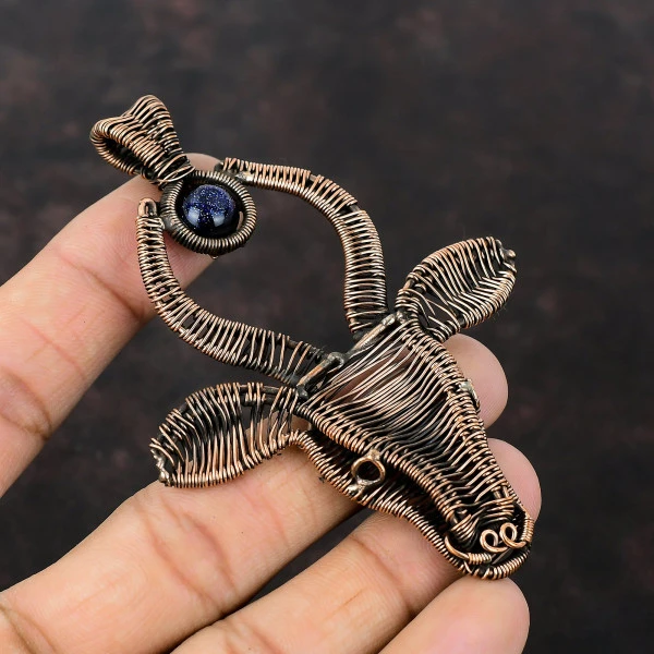 Blue Sunstone Round Blue Handmade Copper Wire Wrapped Pendant