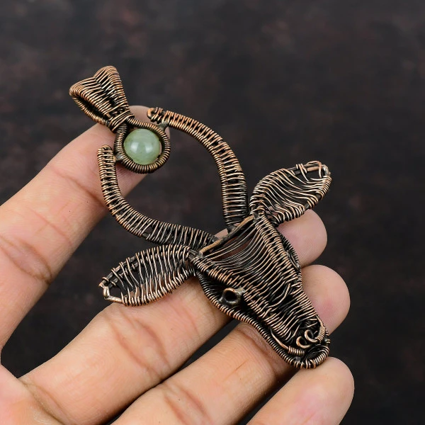 Green Aventurine Round Green Handmade Copper Wire Wrapped Pendant