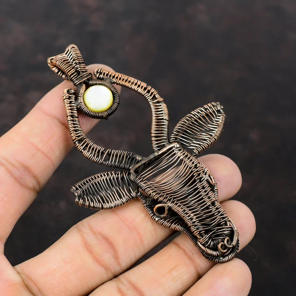 Mother Of Pearl Round White Handmade Copper Wire Wrapped Pendant