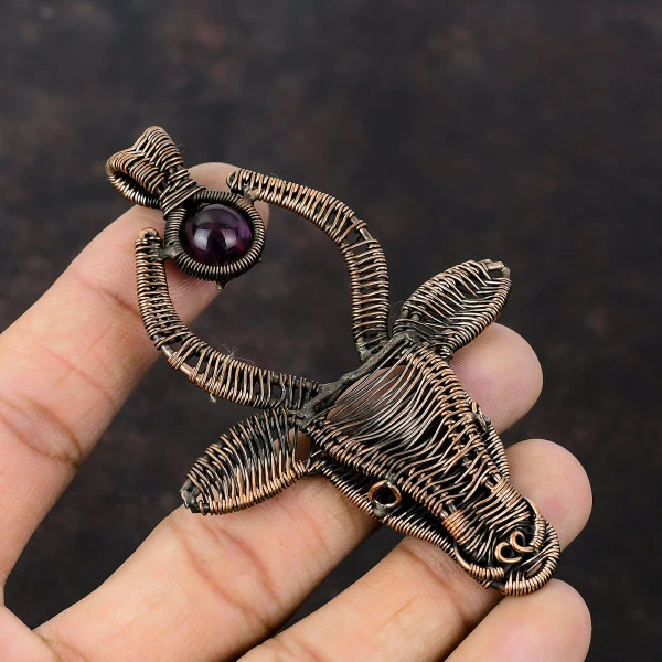 African Amethyst Round Purple Handmade Copper Wire Wrapped Pendant