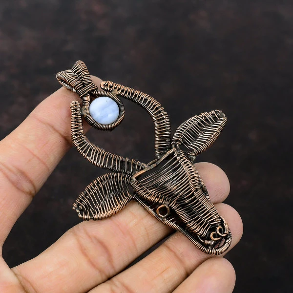 Blue Lace Agate Round Blue Handmade Copper Wire Wrapped Pendant