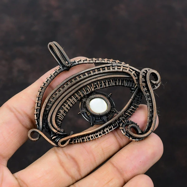 Mother Of Pearl Round White Handmade Copper Wire Wrapped Pendant