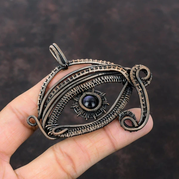 Blue Sunstone Round Blue Handmade Copper Wire Wrapped Pendant
