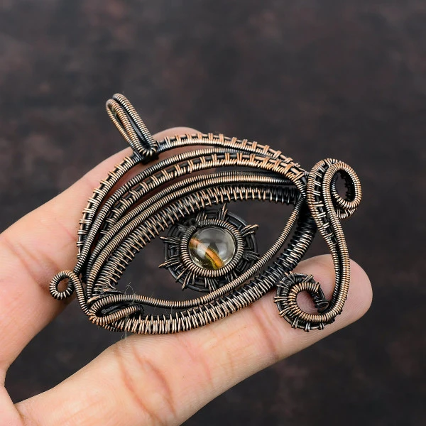 Crystal Quartz Round White Handmade Copper Wire Wrapped Pendant